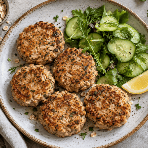 Gebratene Thunfisch-Frikadellen mit Haferflocken auf einem Teller mit Salat und Kräuter Dip