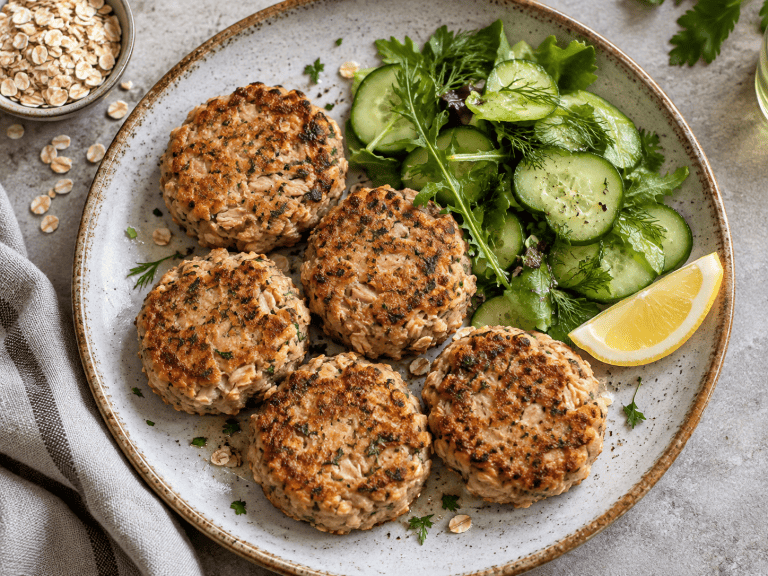 Gebratene Thunfisch-Frikadellen mit Haferflocken auf einem Teller mit Salat und Kräuter Dip