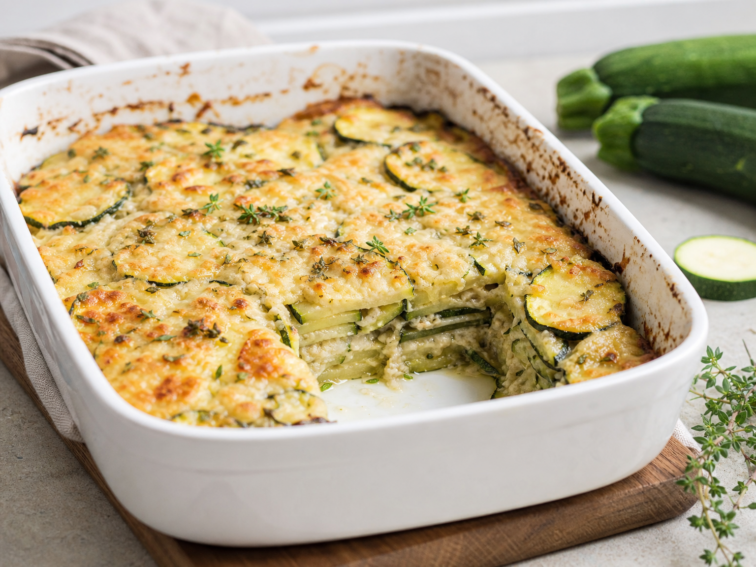 Veganer Zucchini Auflauf mit Linsen, Tofu und veganer Käsekruste in einer Auflaufform