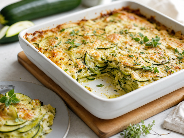 Veganer Zucchini Auflauf mit Linsen, Tofu und veganer Käsekruste in einer Auflaufform