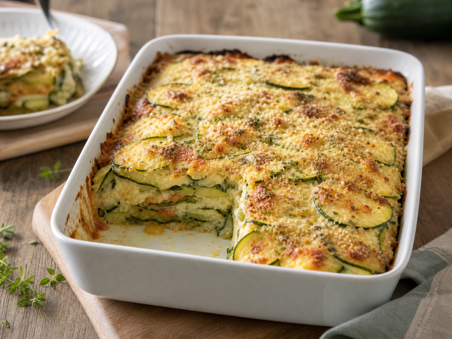 Veganer Zucchini Auflauf mit Linsen, Tofu und veganer Käsekruste in einer Auflaufform