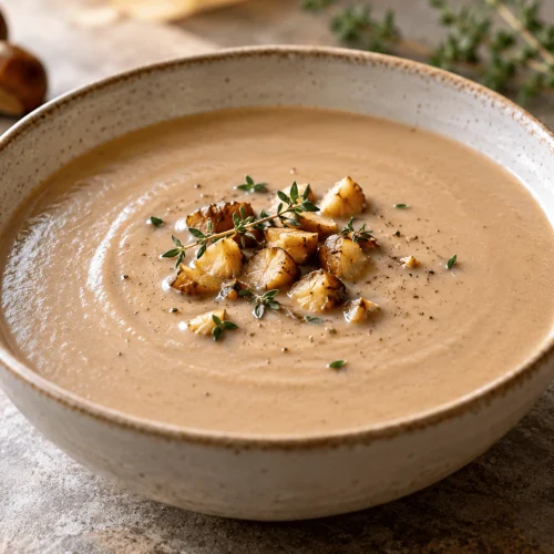 Cremige High-Protein-Maronensuppe in einer weißen Schale mit frischen Kräutern garniert