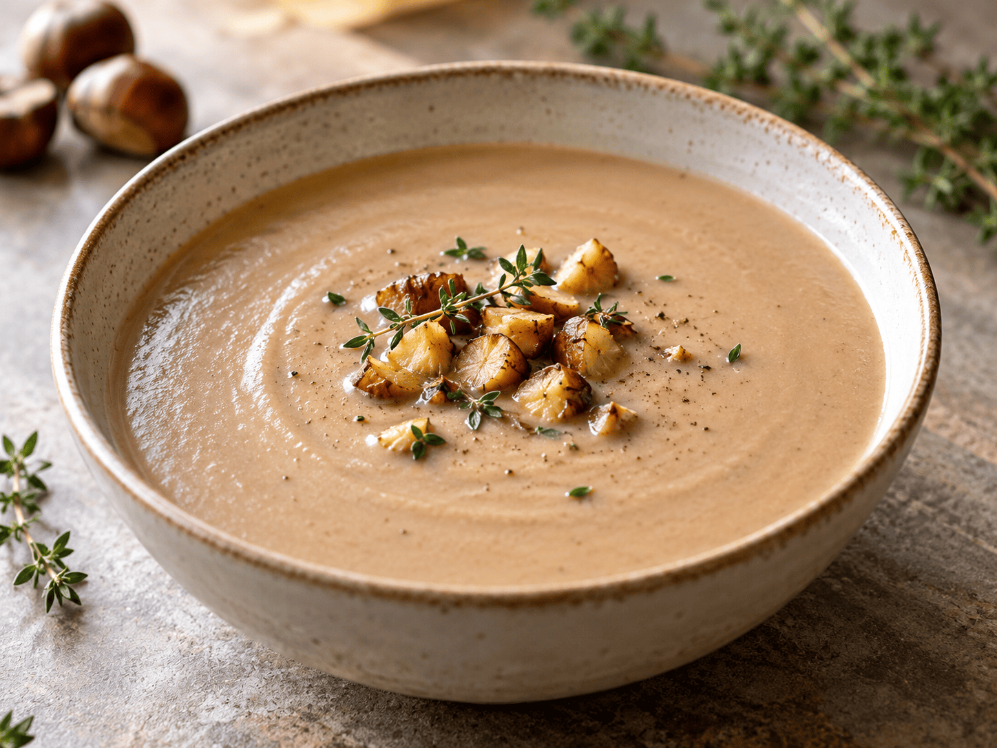 Cremige High-Protein-Maronensuppe mit Seidentofu in einer Schale serviert