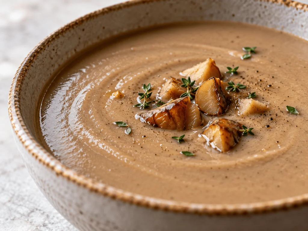 Cremige High-Protein-Maronensuppe in einer weißen Schale mit frischen Kräutern garniert