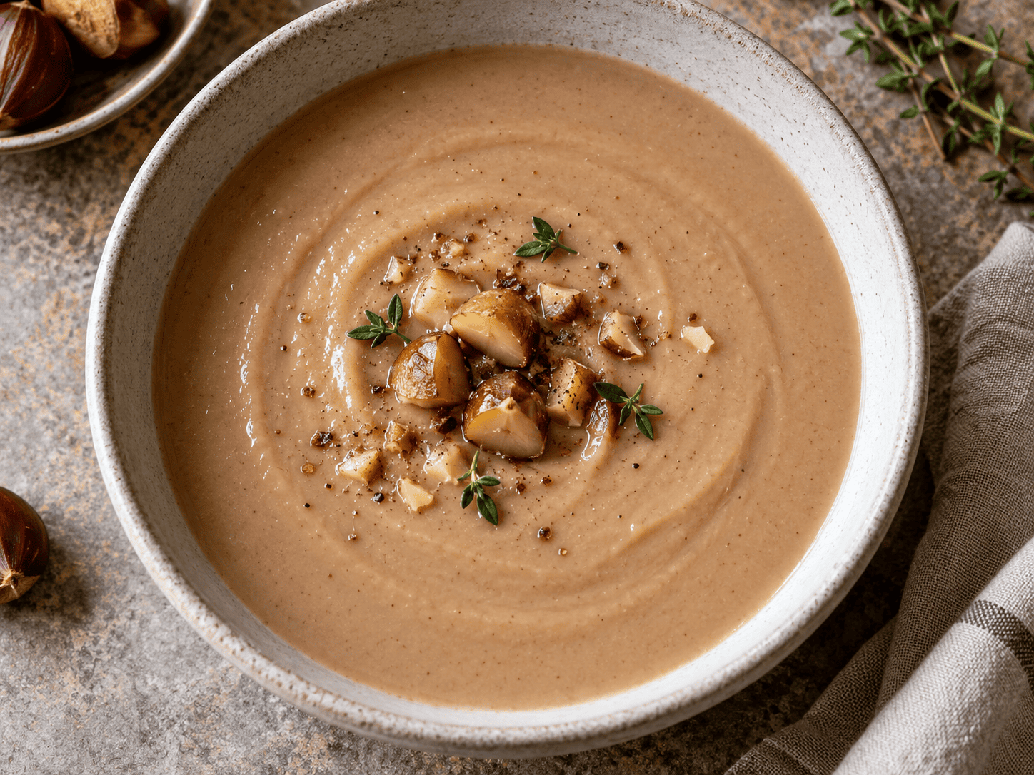 High-Protein-Maronensuppe fertig serviert mit Maronen Seidentofu und Kräutern