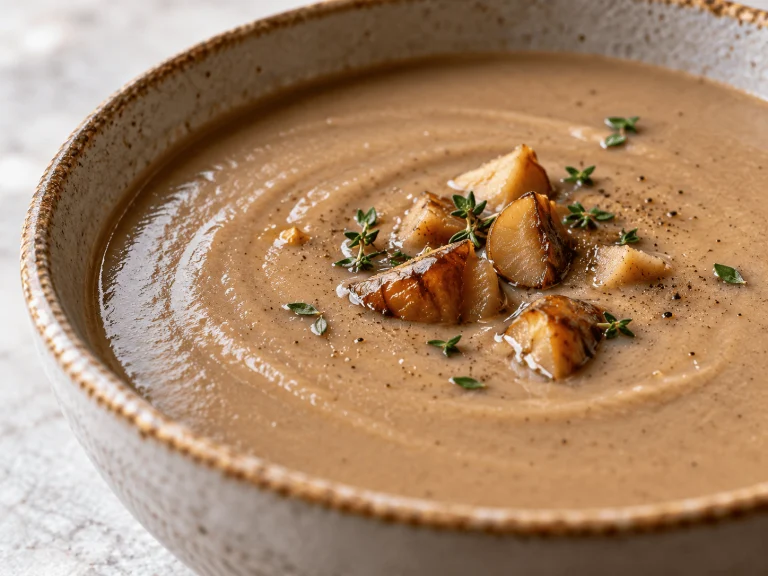 Cremige High-Protein-Maronensuppe in einer weißen Schale mit frischen Kräutern garniert