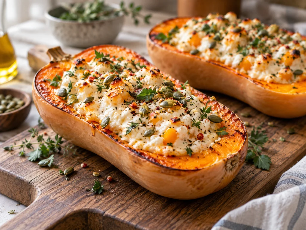 Gefüllter High-Protein Butternut-Kürbis mit Hüttenkäse angerichtet auf Teller