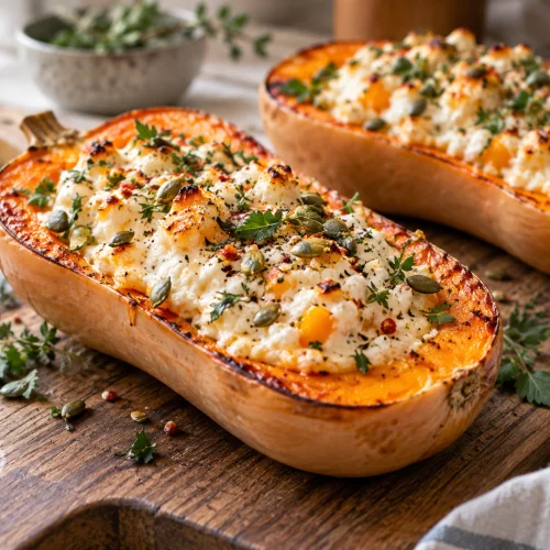 Gefüllter High-Protein Butternut-Kürbis mit Hüttenkäse angerichtet auf Teller