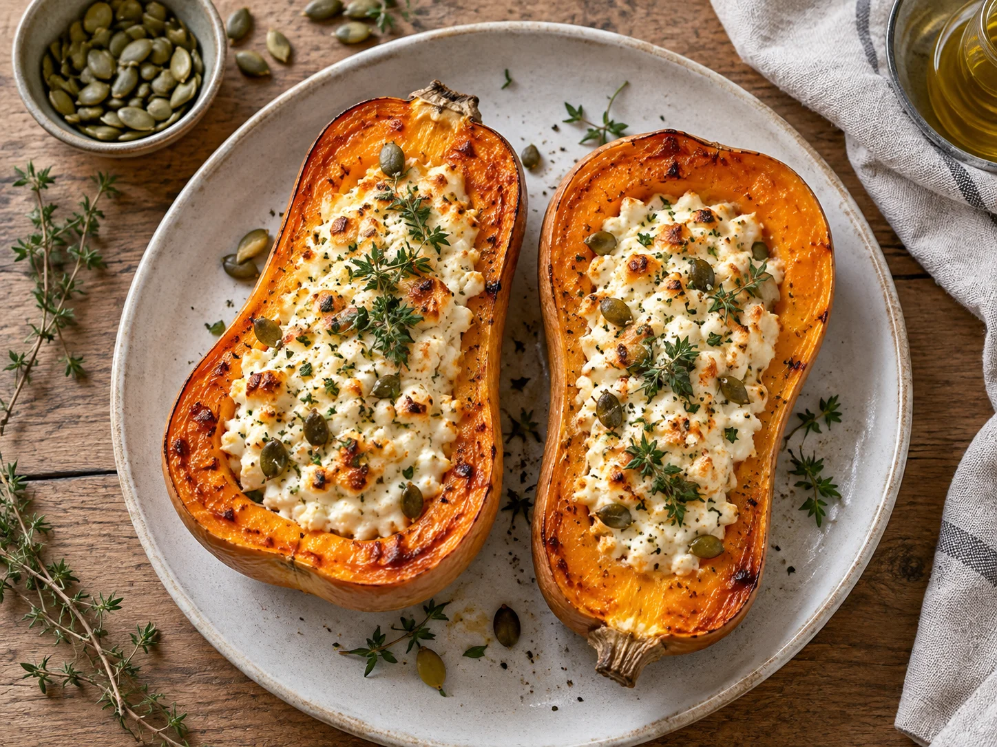 Gefüllter High-Protein Butternut-Kürbis mit Hüttenkäse angerichtet auf Teller