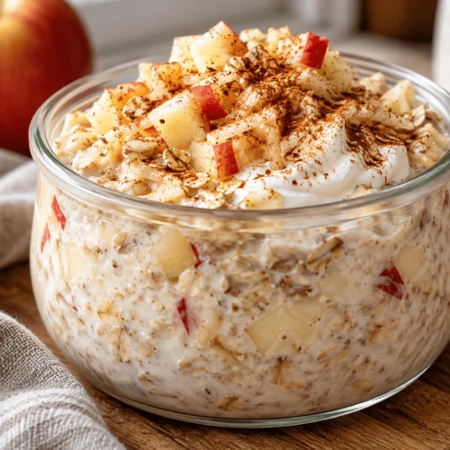 High-Protein Apfelkuchen Overnight Oats mit Skyr in einem Glas serviert, garniert mit Apfelstücken und Zimt