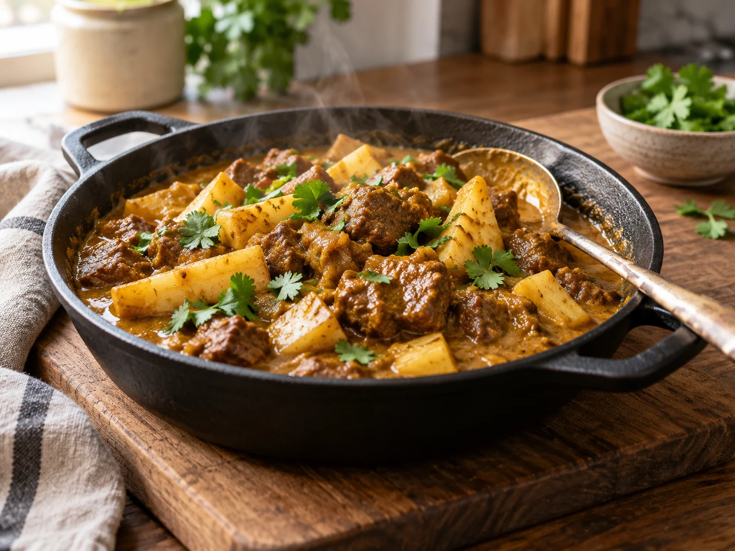 High-Protein Beef-Pastinaken-Curry angerichtet in einer Schale mit Reis