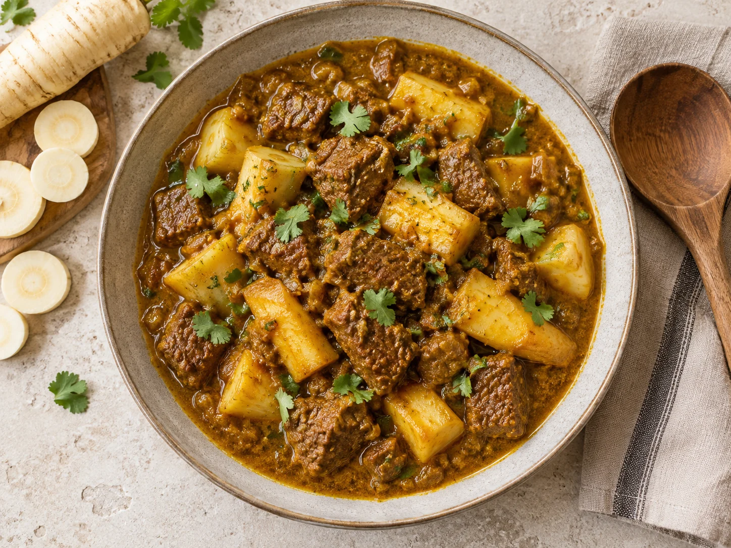 High-Protein Beef-Pastinaken-Curry angerichtet in einer Schale mit Reis