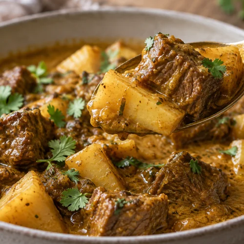 High-Protein Beef-Pastinaken-Curry angerichtet in einer Schale mit Reis