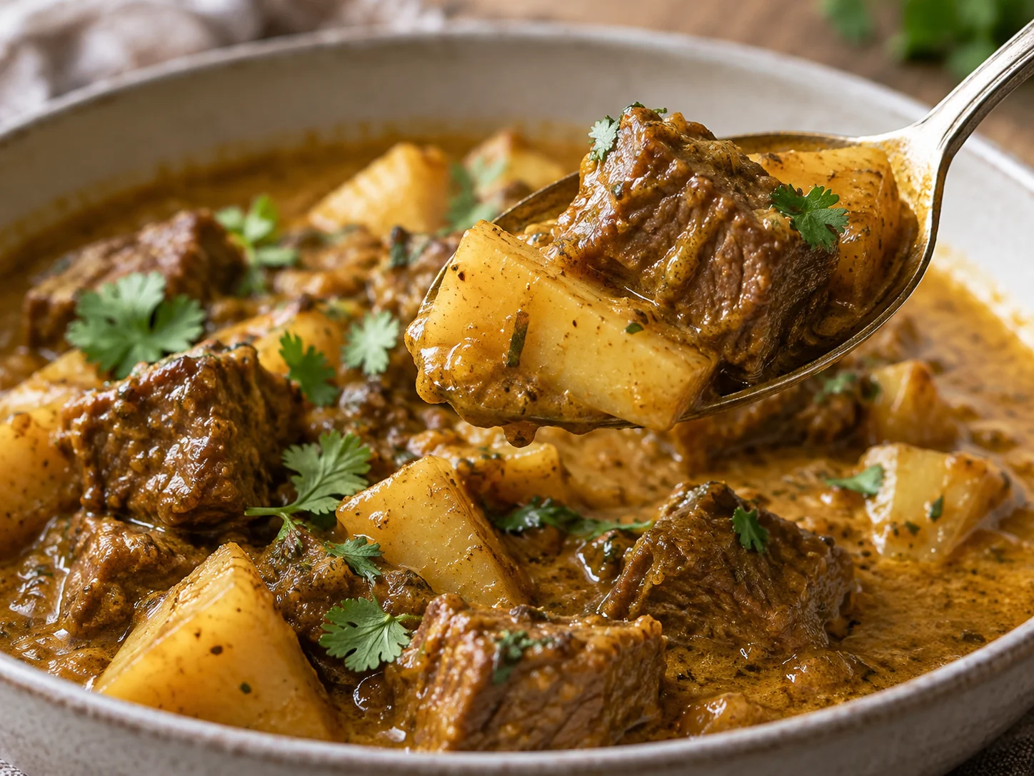 High-Protein Beef-Pastinaken-Curry angerichtet in einer Schale mit Reis