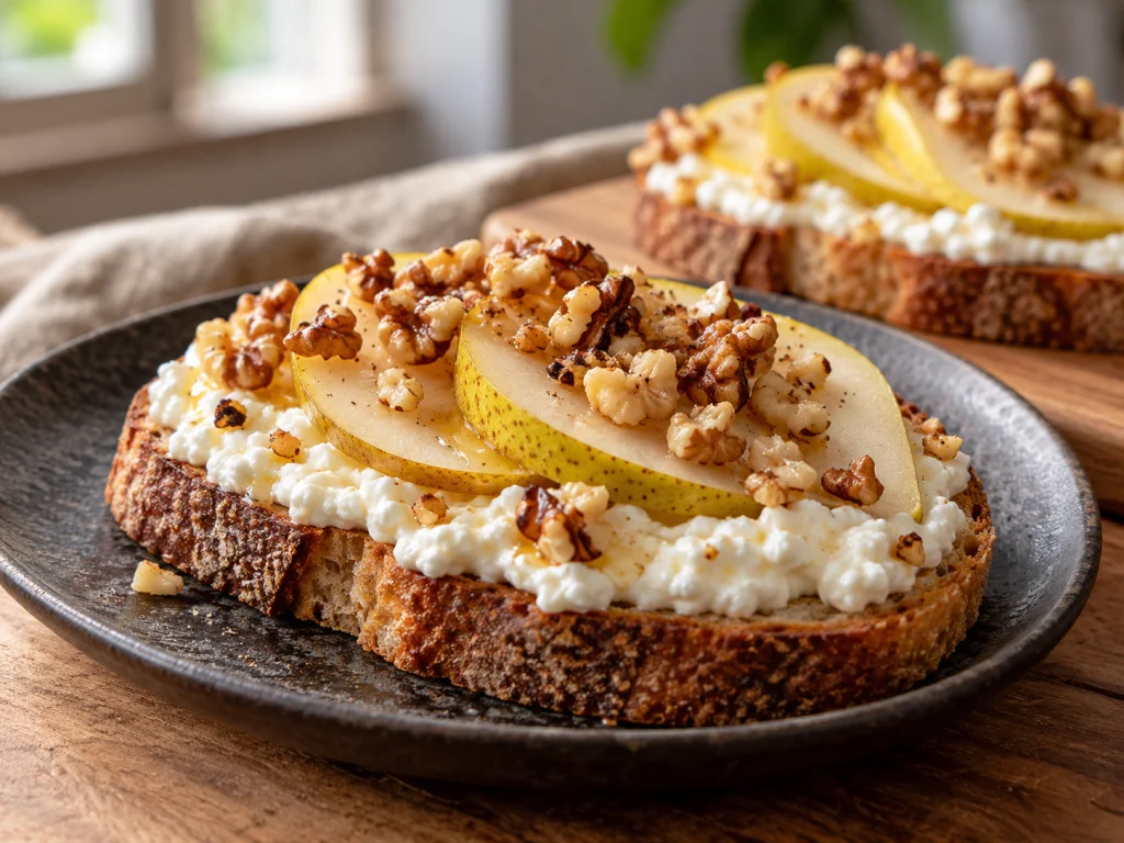 High-Protein Birnen-Hüttenkäse-Toast mit Walnüssen auf einem Teller angerichtet