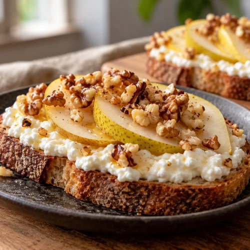 High-Protein Birnen-Hüttenkäse-Toast mit Walnüssen auf einem Teller angerichtet