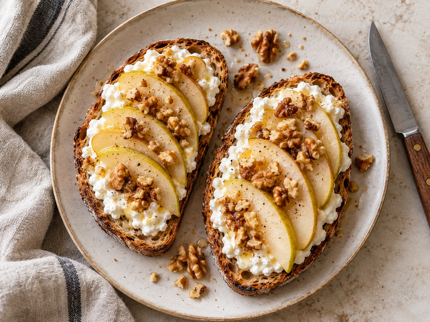 High-Protein Birnen-Hüttenkäse-Toast mit Walnüssen auf einem Teller angerichtet