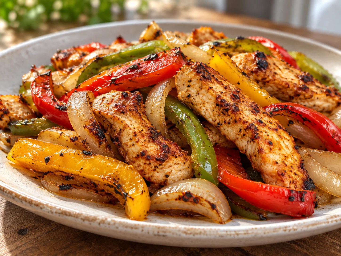 High-Protein Hähnchen-Fajitas mit Paprika aus dem Airfryer auf Teller serviert
