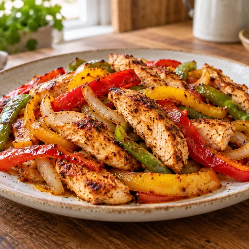 High-Protein Hähnchen-Fajitas mit Paprika aus dem Airfryer auf Teller serviert