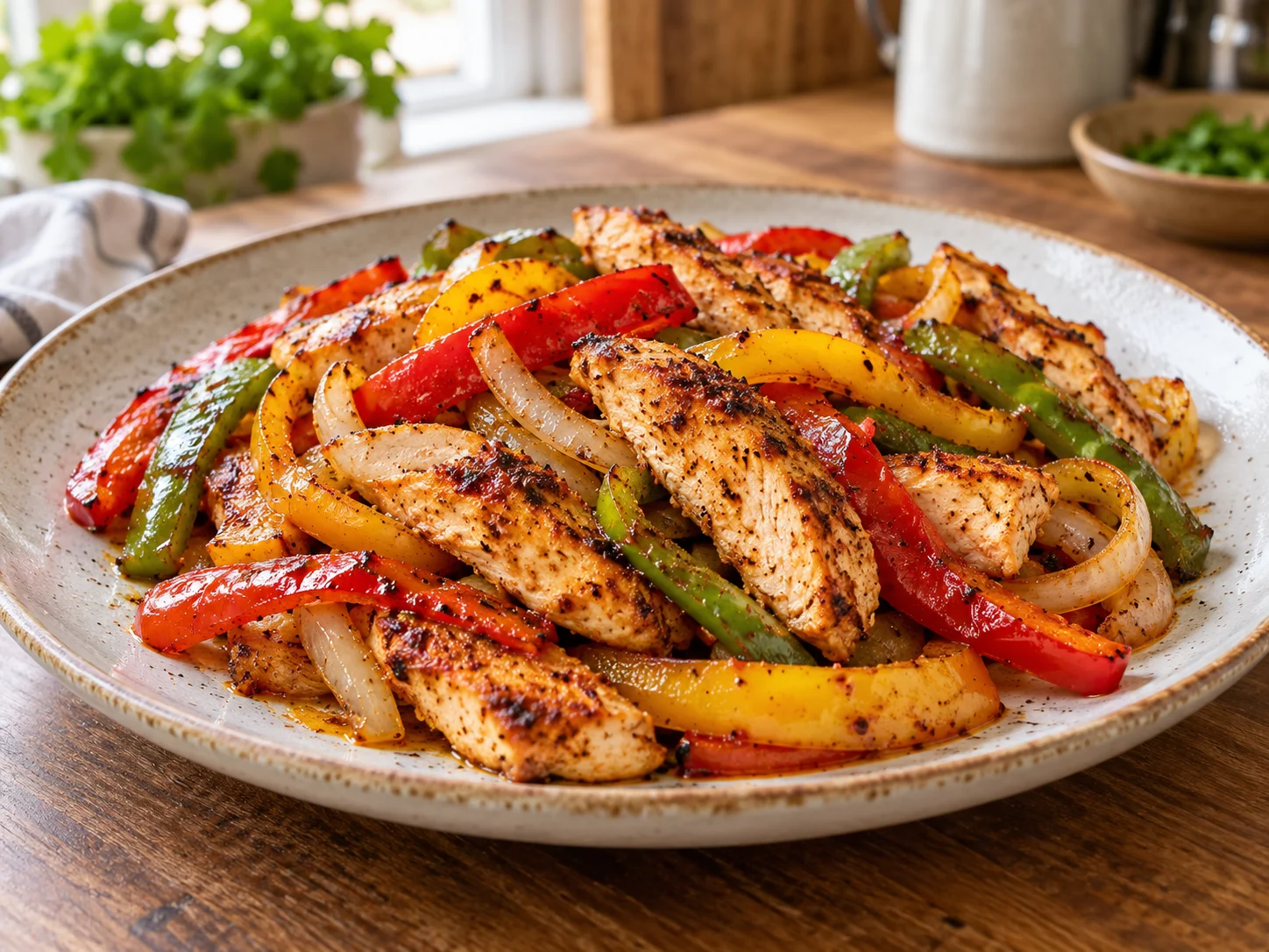 High-Protein Hähnchen-Fajitas mit Paprika aus dem Airfryer auf Teller serviert
