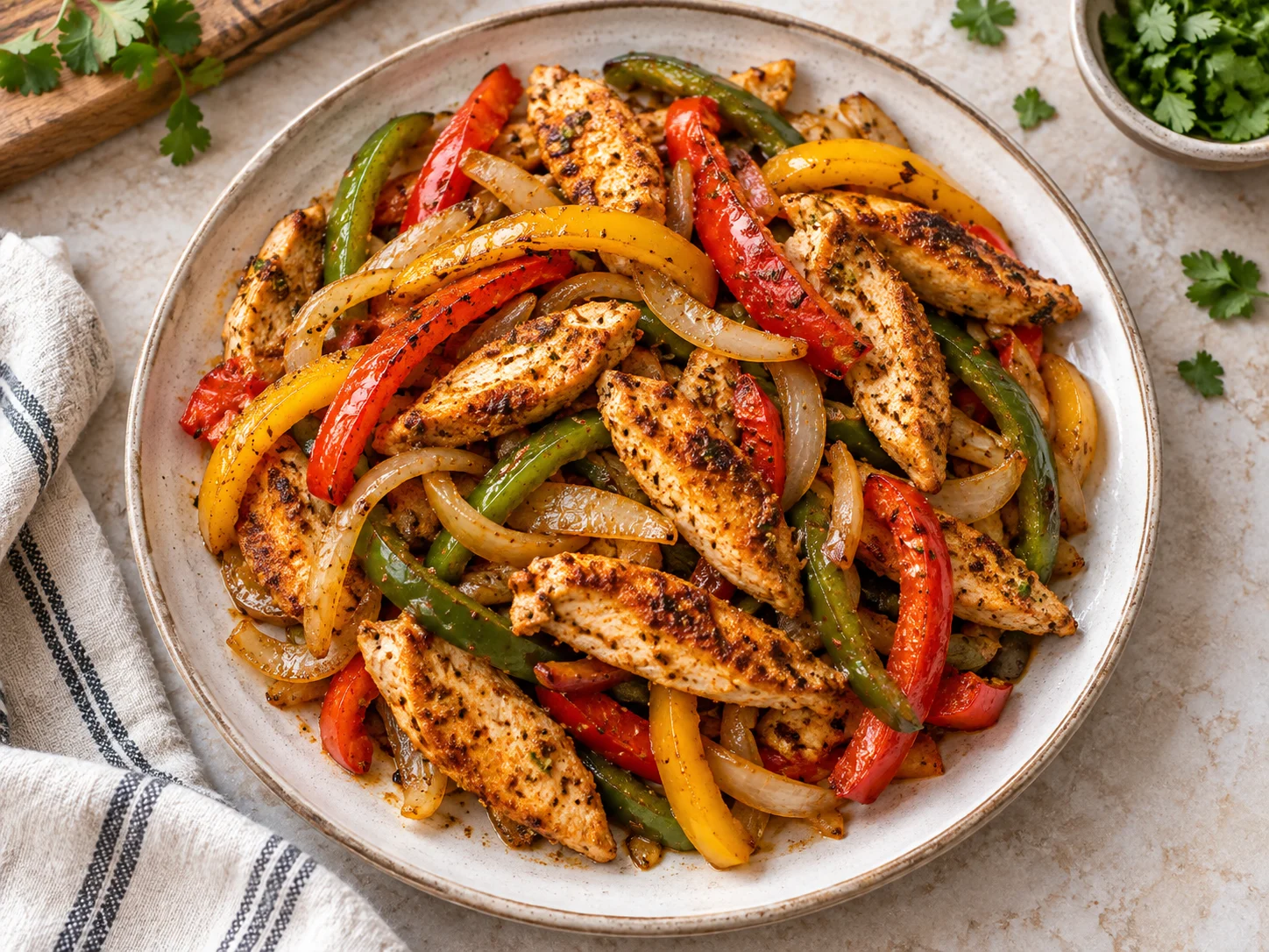 High-Protein Hähnchen-Fajitas mit Paprika aus dem Airfryer auf Teller serviert