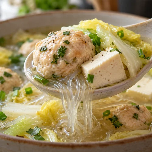 High-Protein Hähnchenbällchen-Glasnudelsuppe mit Tofu und Chinakohl in einer Schüssel