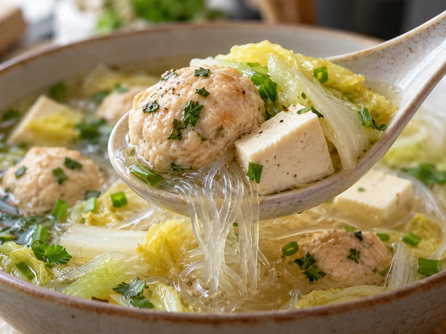 High-Protein Hähnchenbällchen-Glasnudelsuppe mit Tofu und Chinakohl in einer Schüssel