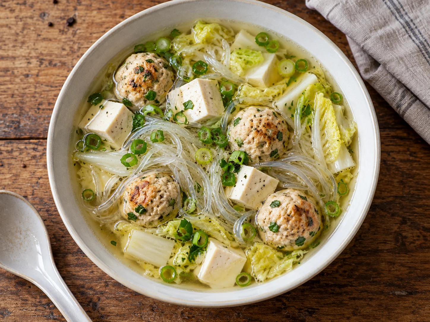 High-Protein Hähnchenbällchen-Glasnudelsuppe mit Tofu und Chinakohl in einer Schüssel