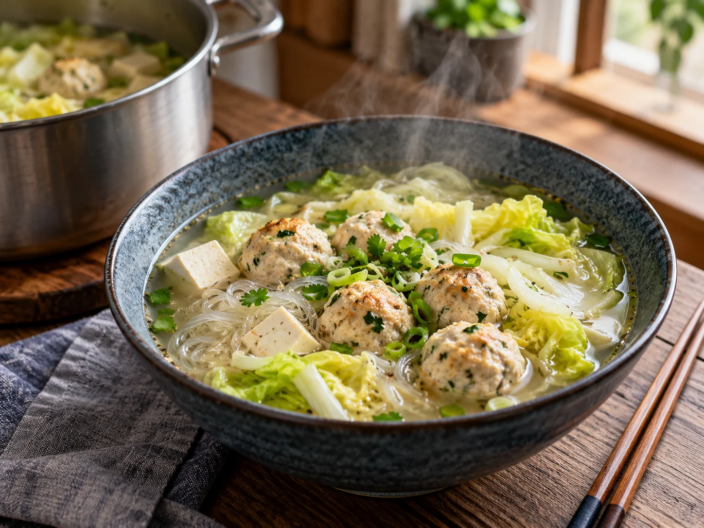 High-Protein Hähnchenbällchen-Glasnudelsuppe mit Tofu und Chinakohl in einer Schüssel