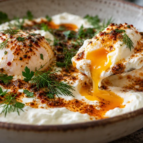 High-Protein Çılbır mit pochierten Eiern und cremiger Skyr-Sauce auf Teller angerichtet