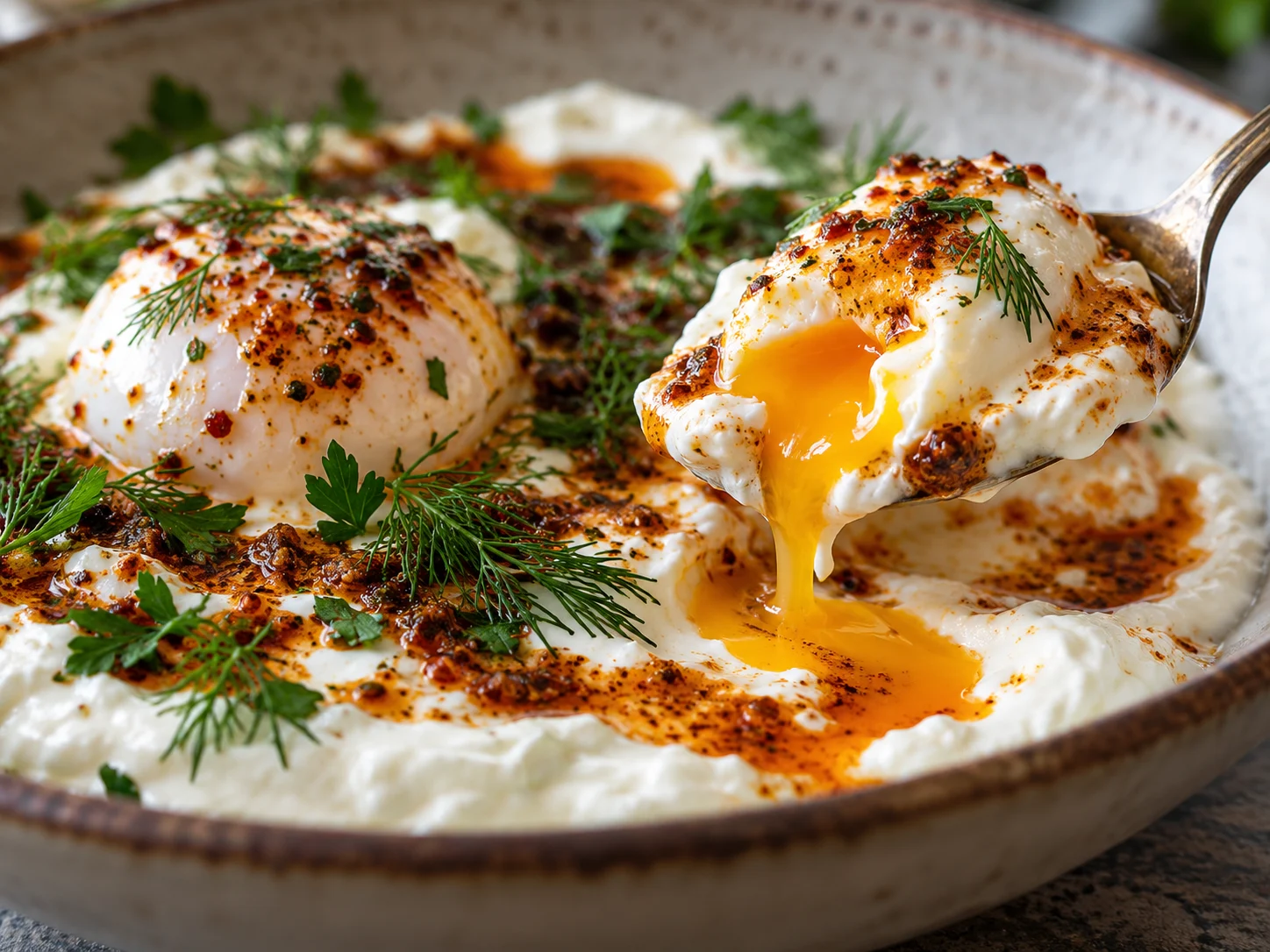 High-Protein Çılbır mit pochierten Eiern und cremiger Skyr-Sauce auf Teller angerichtet