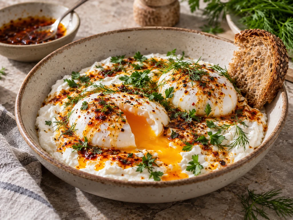 High-Protein Çılbır mit pochierten Eiern und cremiger Skyr-Sauce auf Teller angerichtet