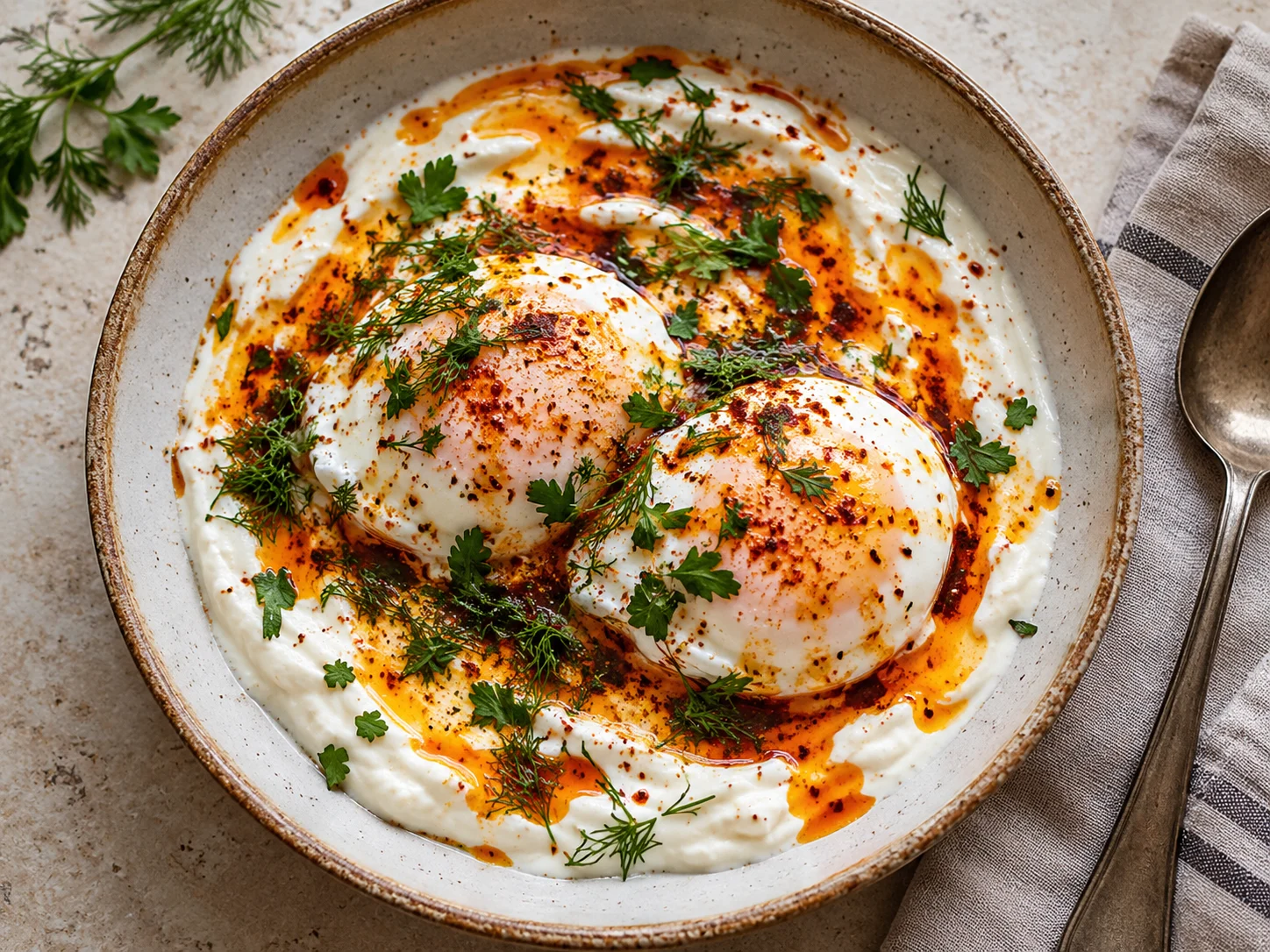 High-Protein Çılbır mit pochierten Eiern und cremiger Skyr-Sauce auf Teller angerichtet