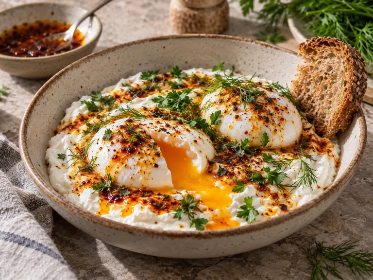 High-Protein Çılbır mit pochierten Eiern und cremiger Skyr-Sauce auf Teller angerichtet