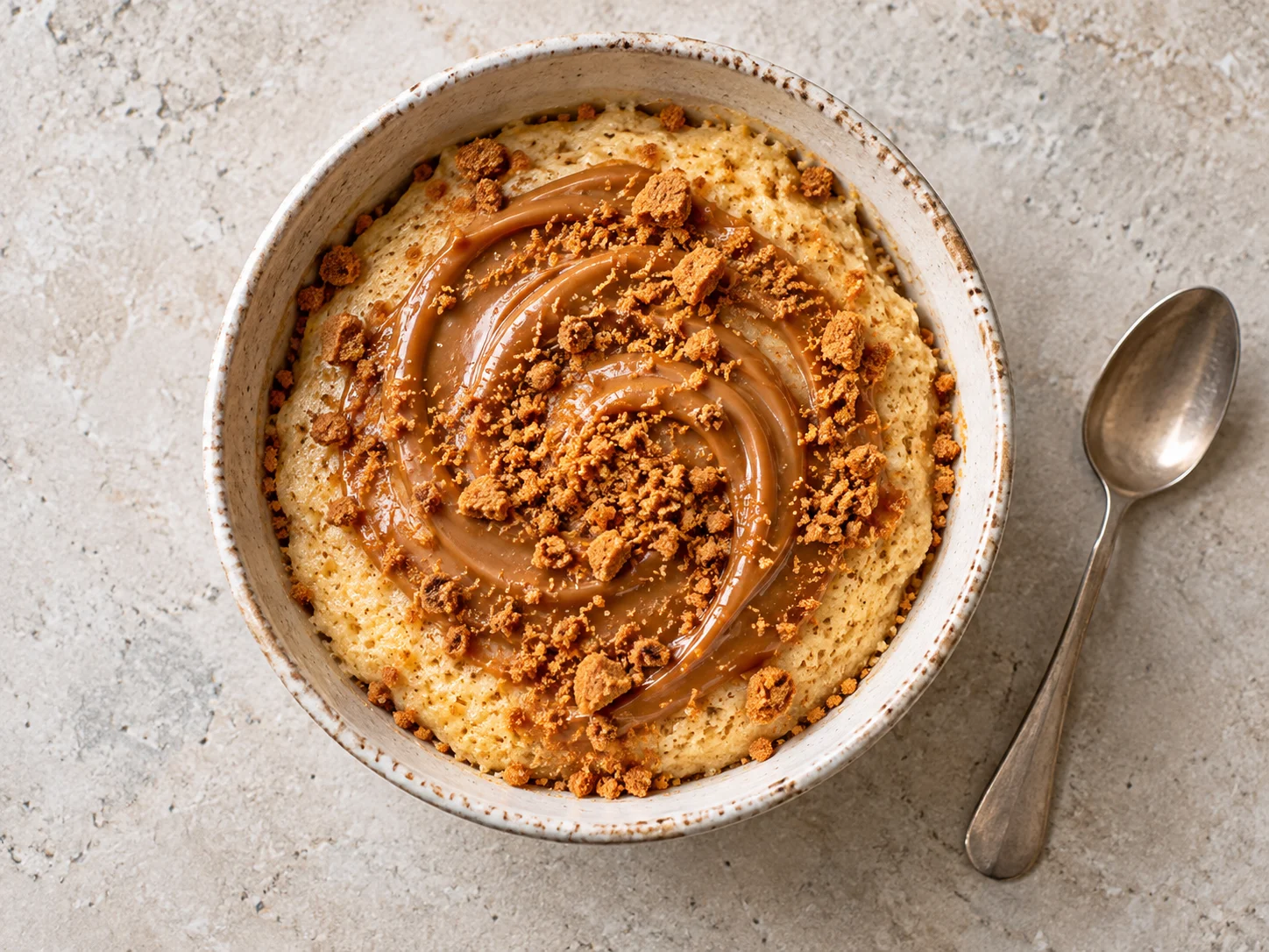 High-Protein Lotus-Kuchenbowl mit Keksbröseln und Chiasamen in einer Schale