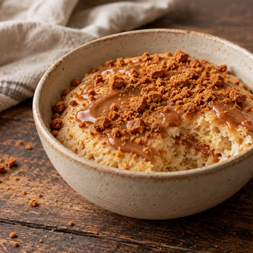 High-Protein Lotus-Kuchenbowl mit Keksbröseln und Chiasamen in einer Schale