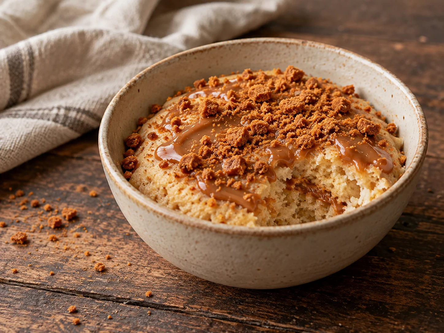 High-Protein Lotus-Kuchenbowl mit Keksbröseln und Chiasamen in einer Schale