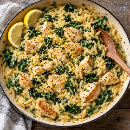 High-Protein One-Pot-Kritharaki mit Hähnchen, Zitrone und Spinat angerichtet in einer weißen Schale