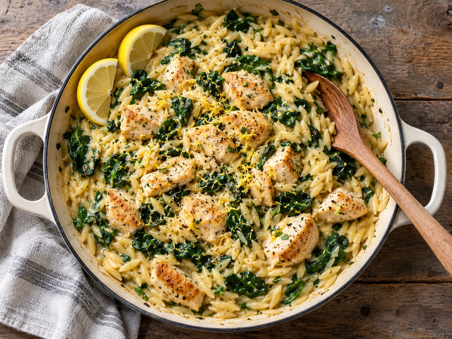 High-Protein One-Pot-Kritharaki mit Hähnchen, Zitrone und Spinat angerichtet in einer weißen Schale