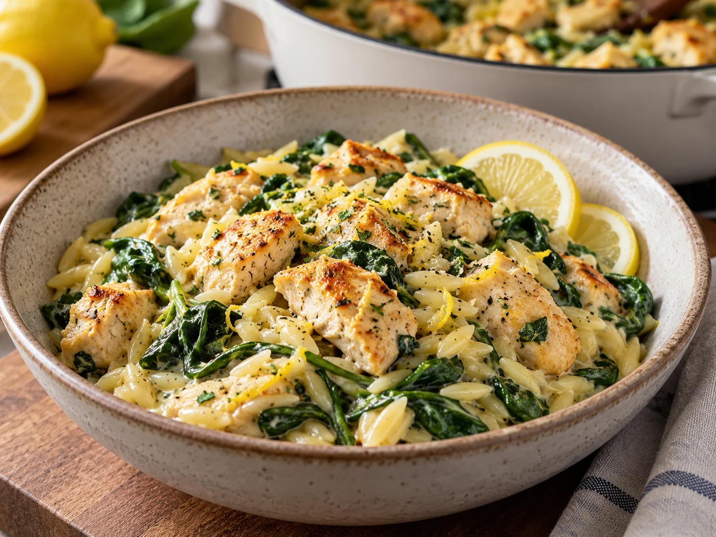High-Protein One-Pot-Kritharaki mit Hähnchen, Zitrone und Spinat angerichtet in einer weißen Schale