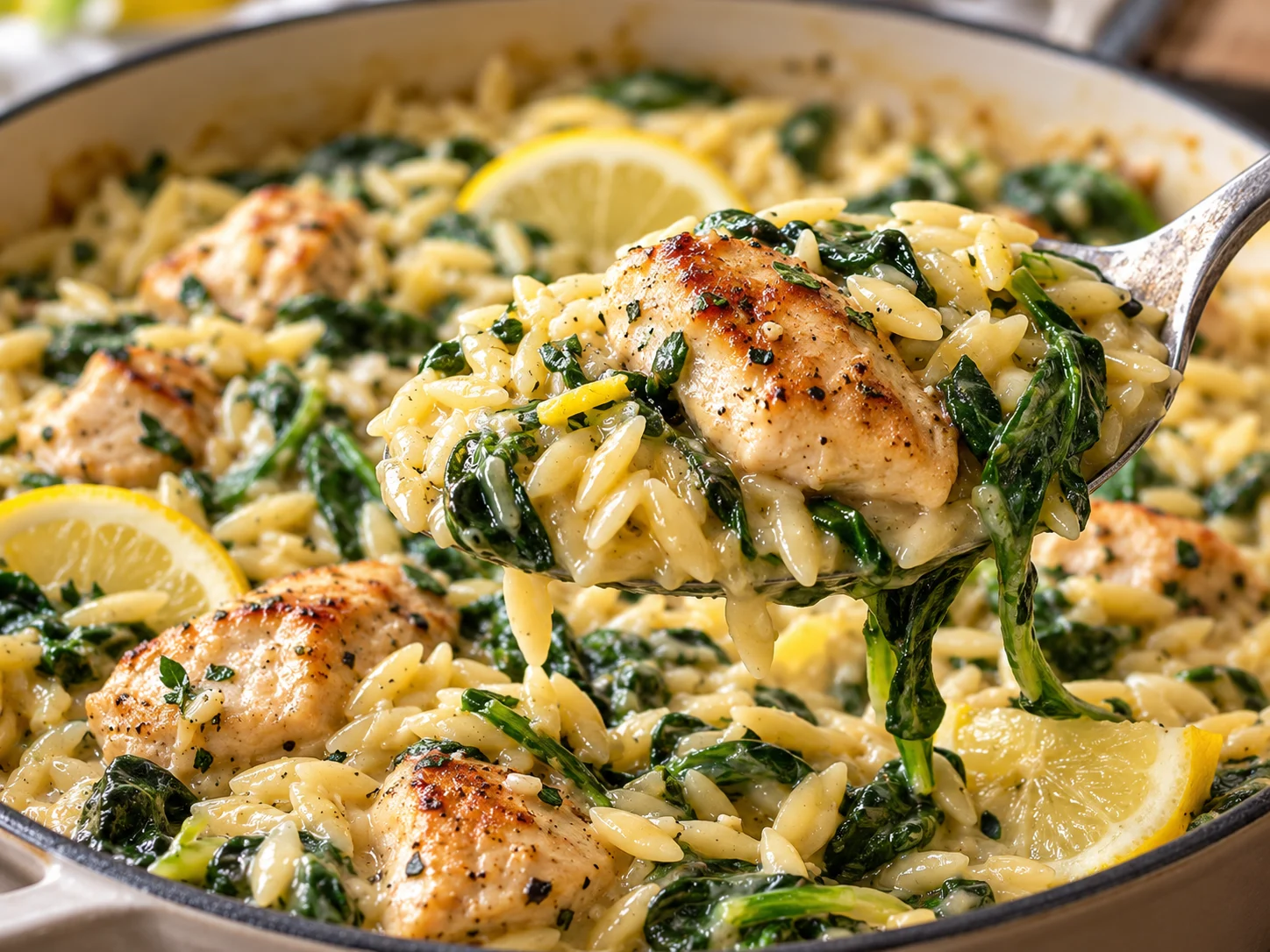 High-Protein One-Pot-Kritharaki mit Hähnchen, Zitrone und Spinat angerichtet in einer weißen Schale