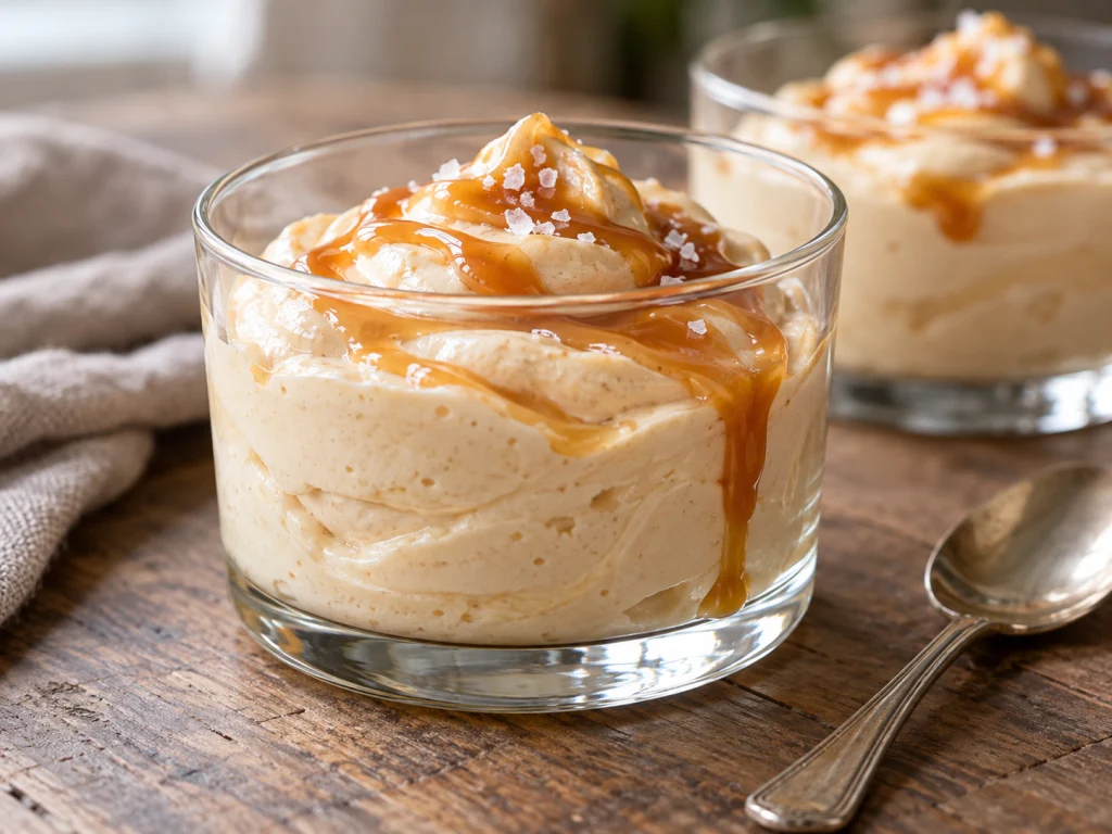 High-Protein Salted-Caramel-Fluff im Glas mit Löffel und Karamellsirup