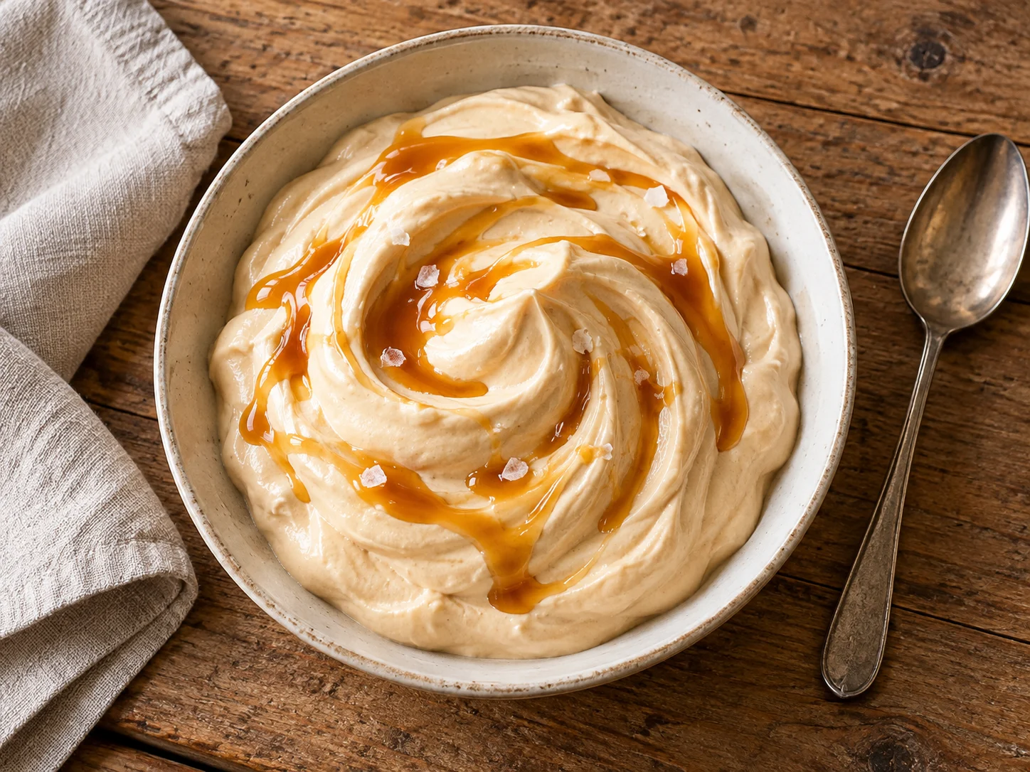 High-Protein Salted-Caramel-Fluff im Glas mit Löffel und Karamellsirup