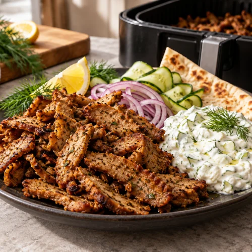 High-Protein Seitan-Gyros aus dem Airfryer mit Skyr-Tzatziki auf einem Teller angerichtet
