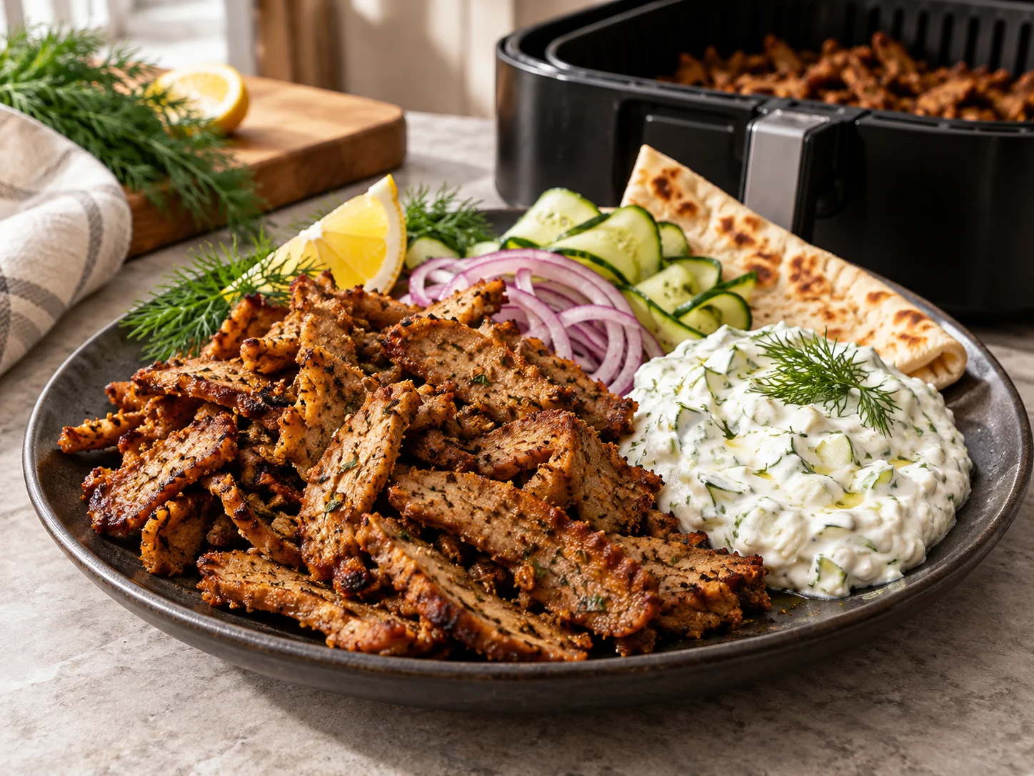 High-Protein Seitan-Gyros aus dem Airfryer mit Skyr-Tzatziki auf einem Teller angerichtet