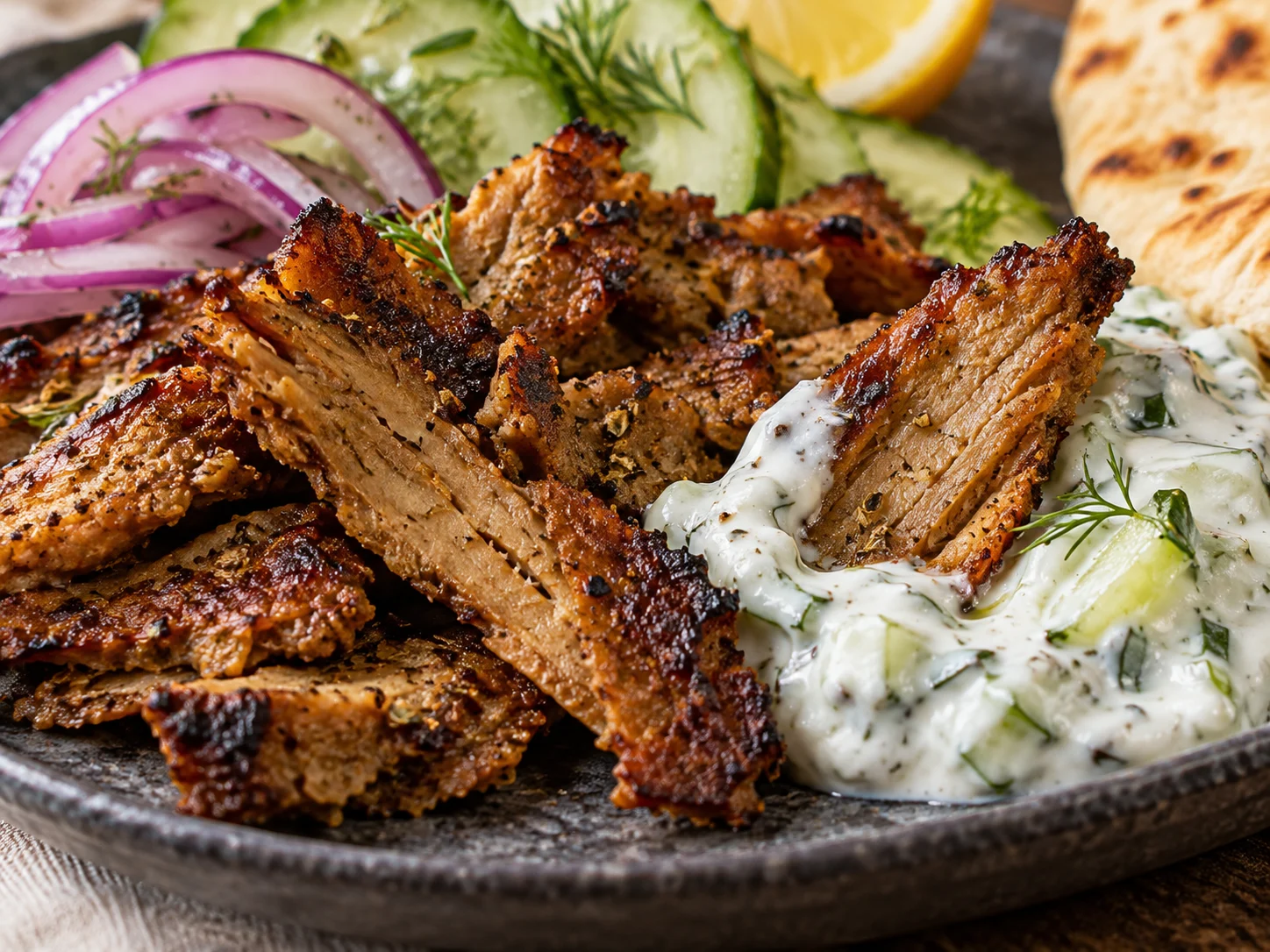 High-Protein Seitan-Gyros aus dem Airfryer mit Skyr-Tzatziki auf einem Teller angerichtet
