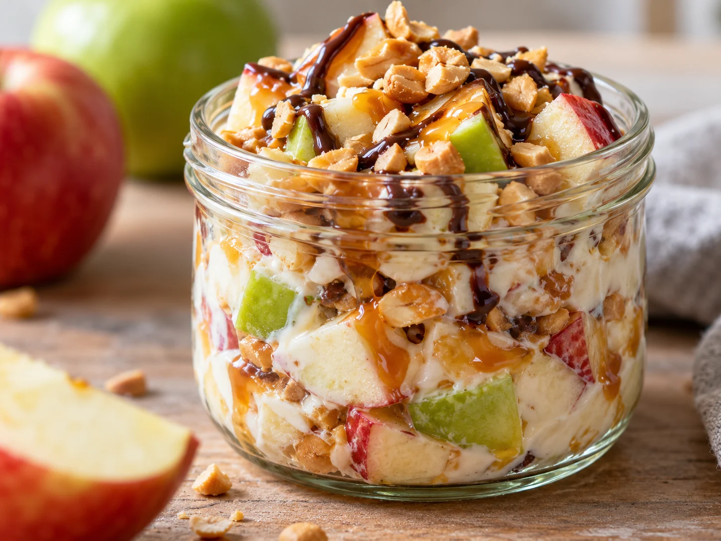 High-Protein Snickers-Apfelsalat im Glas mit Schichten aus Apfel, Quark und Erdnussmus