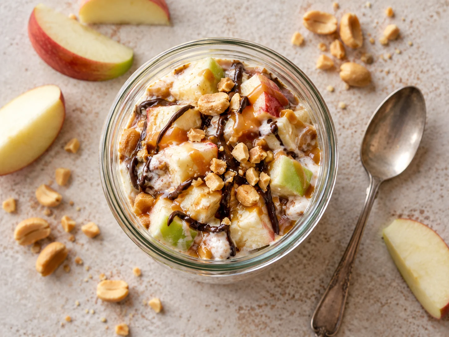 High-Protein Snickers-Apfelsalat im Glas mit Schichten aus Apfel, Quark und Erdnussmus