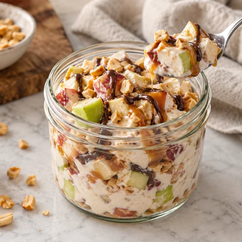 High-Protein Snickers-Apfelsalat im Glas mit Schichten aus Apfel, Quark und Erdnussmus