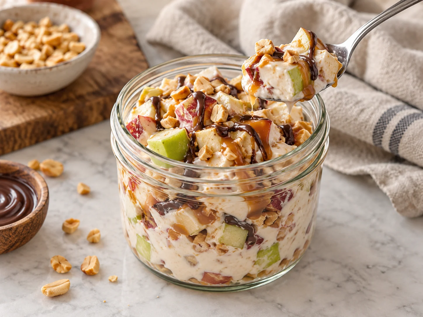 High-Protein Snickers-Apfelsalat im Glas mit Schichten aus Apfel, Quark und Erdnussmus